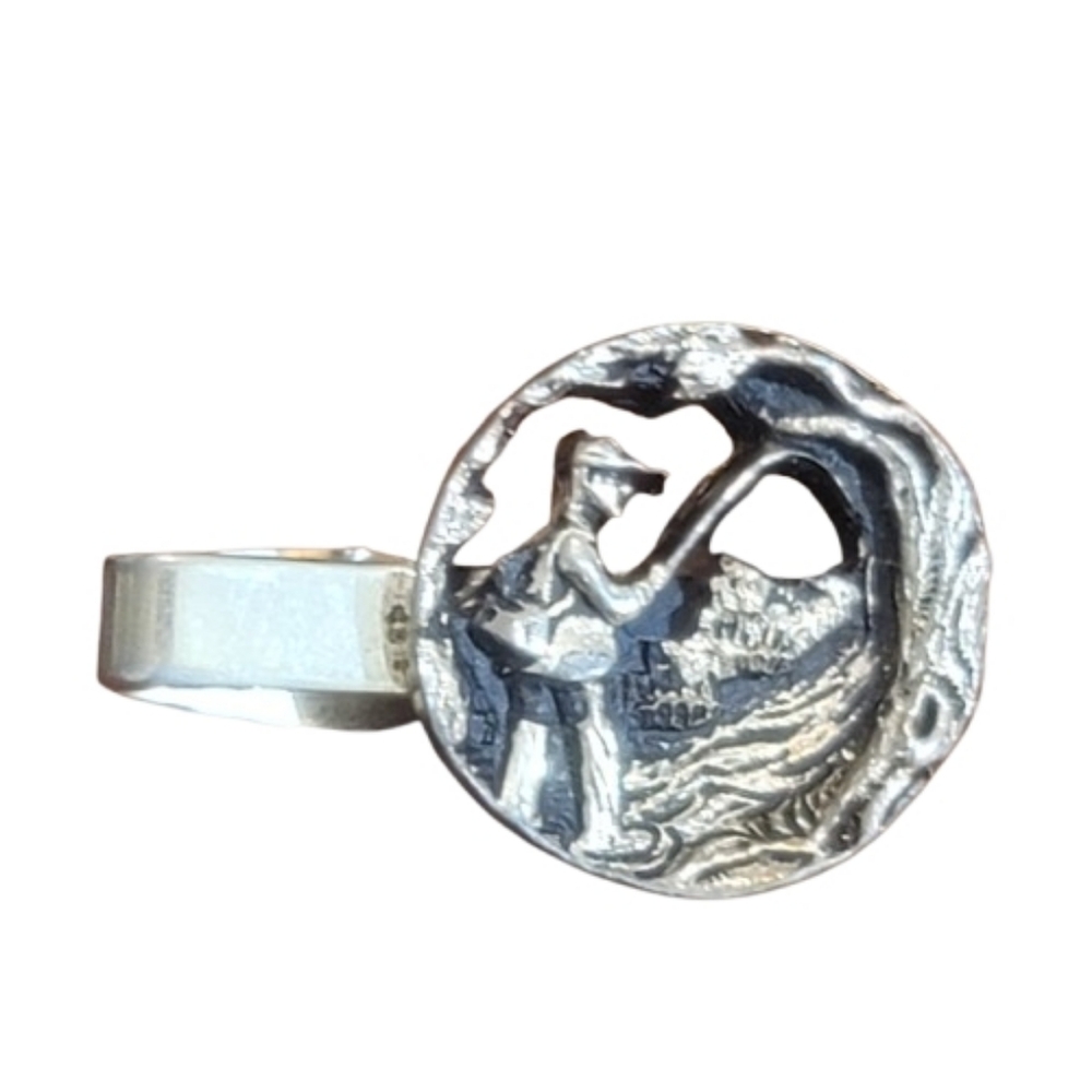 Vintage Silver Tone Fly Fishing Angler Tie Ring | Artisan Outdoor Motif